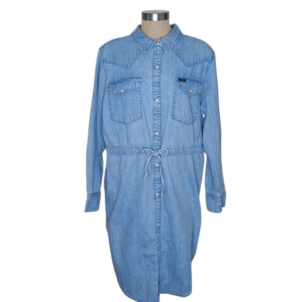 LEE Shirt Dress Size XL Pearl Snap Blue Chambray Western 80's Style Country